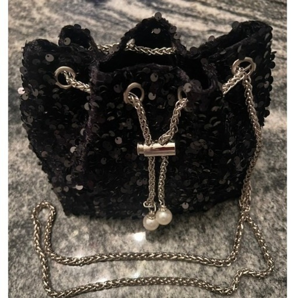 Unbranded Sequin Bucket Bag Womens Small Black Pearl Chain Crossbody Party Purse